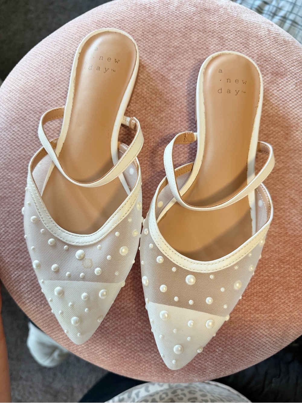 a new day Cream Mesh Pearl-Accent Pointed Mules